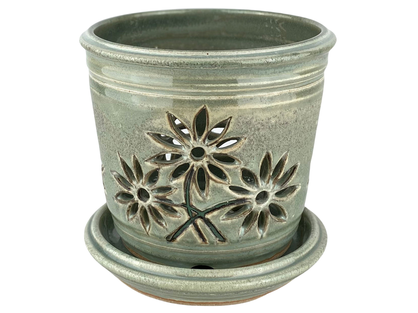 Stoneware Orchid Cachepot with Daisy Design