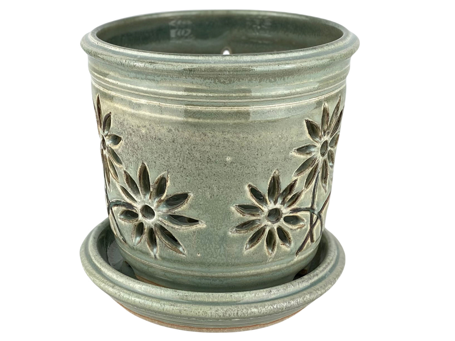 Stoneware Orchid Cachepot with Daisy Design
