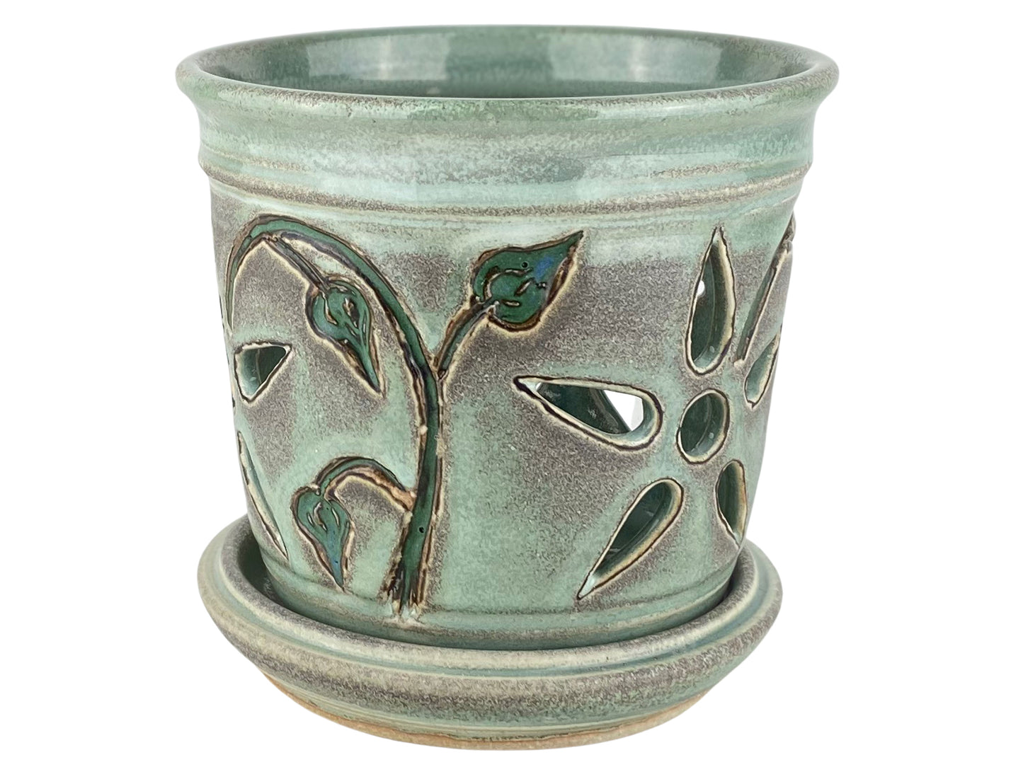 Stoneware Orchid Pot with Flower Design