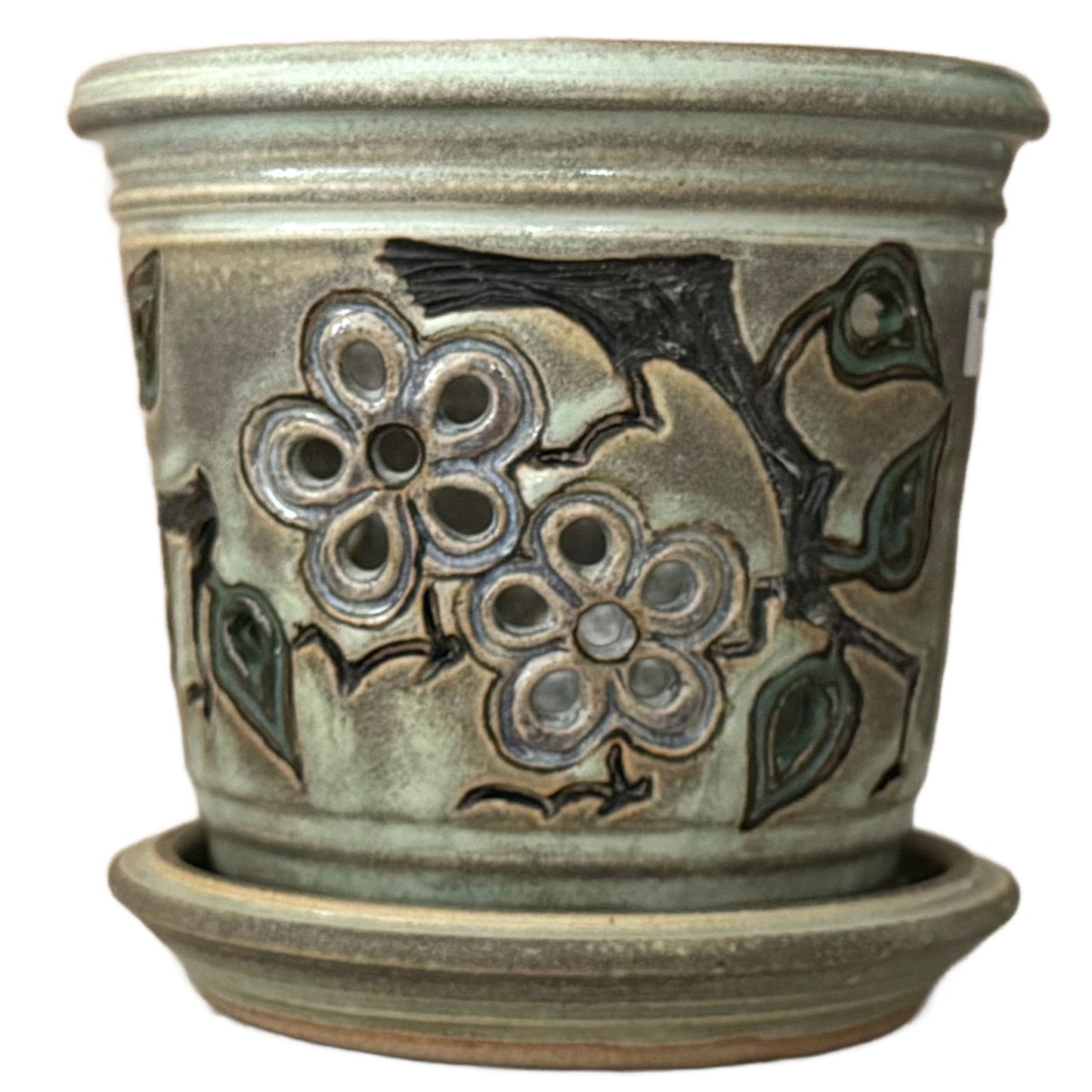 Stoneware Orchid Pot with Cherry Blossom Design