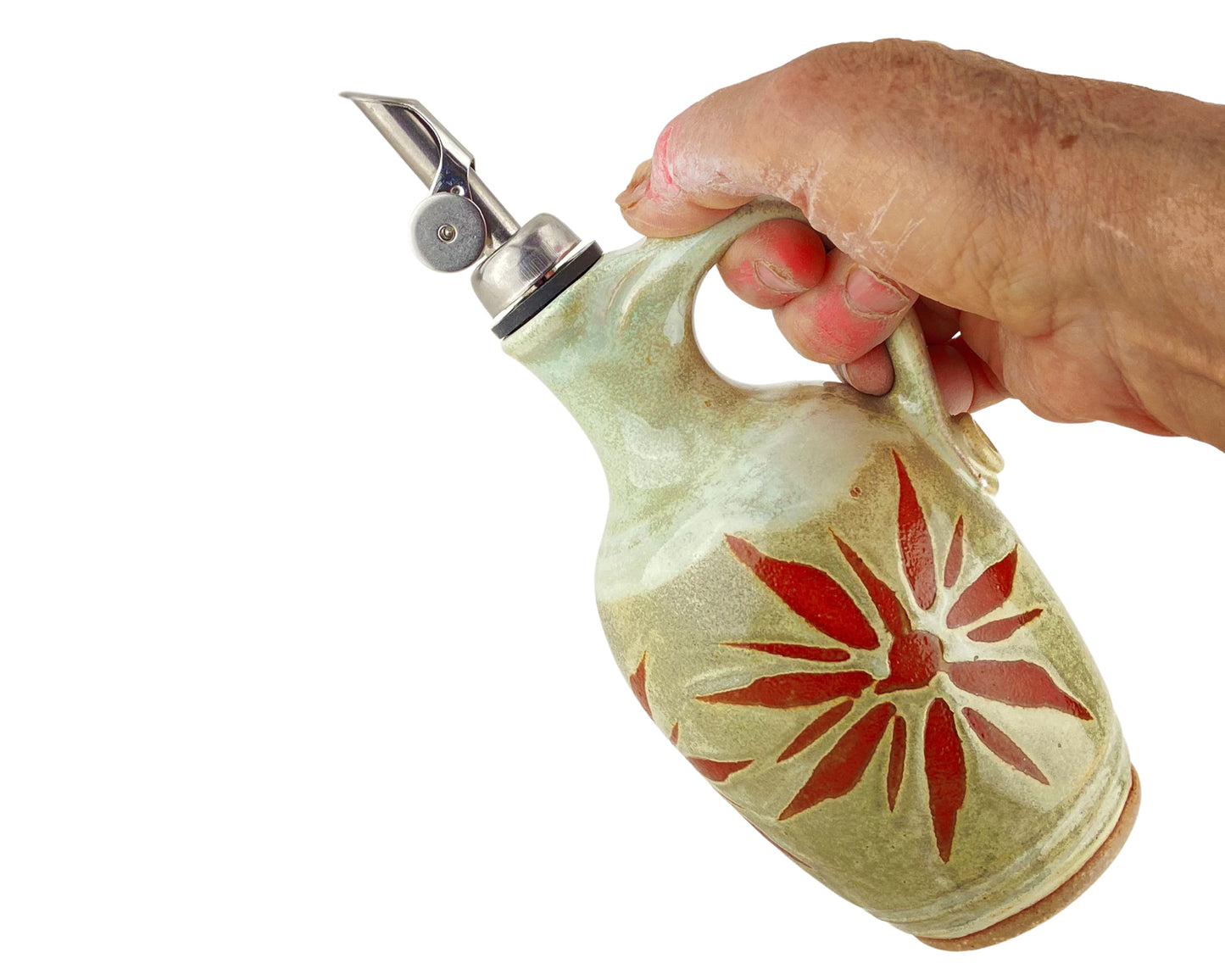 14 oz. Olive Oil Bottle, Green with Terracotta Sunburst