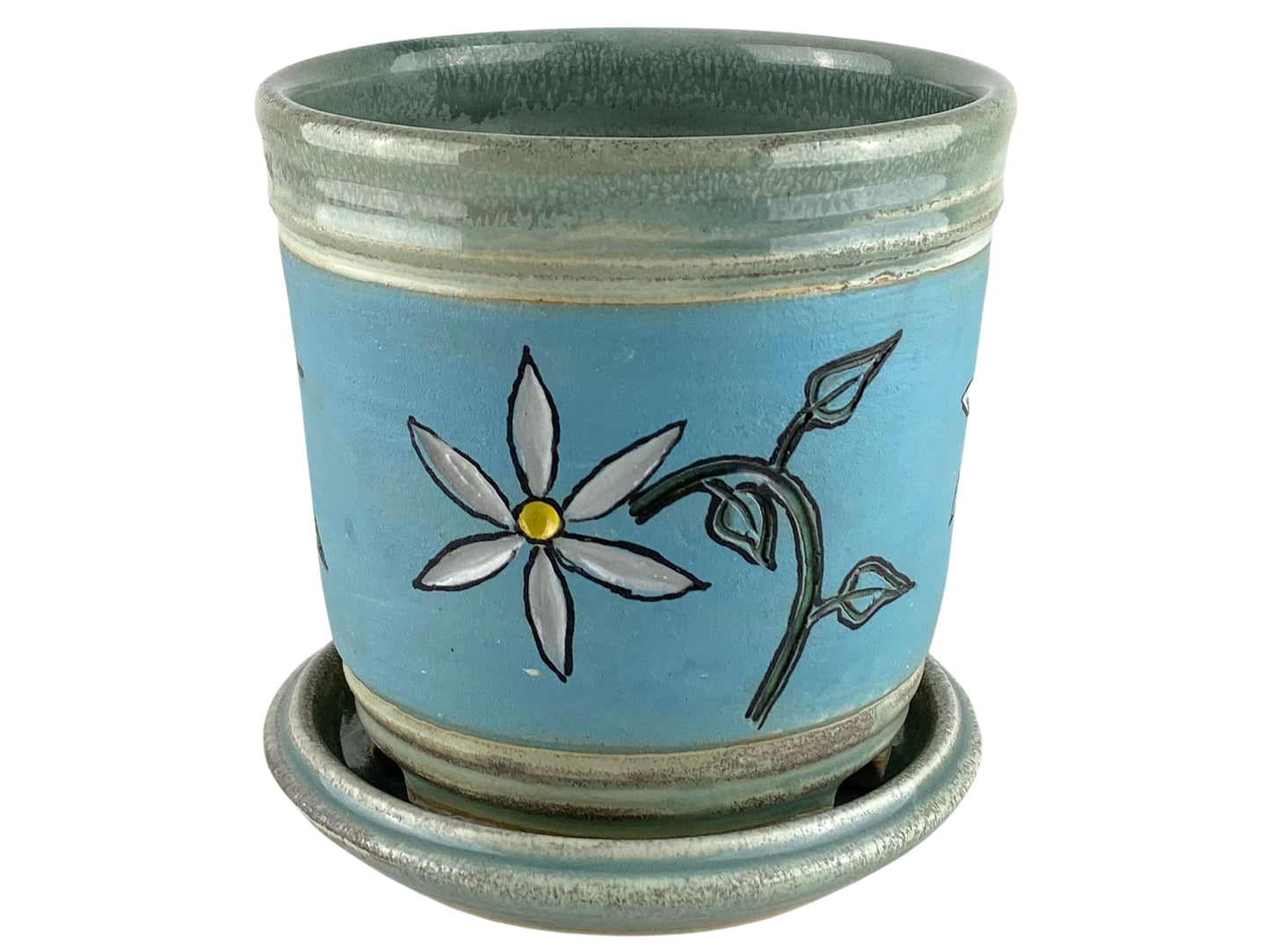 Stoneware Planter with Carved Flower Design