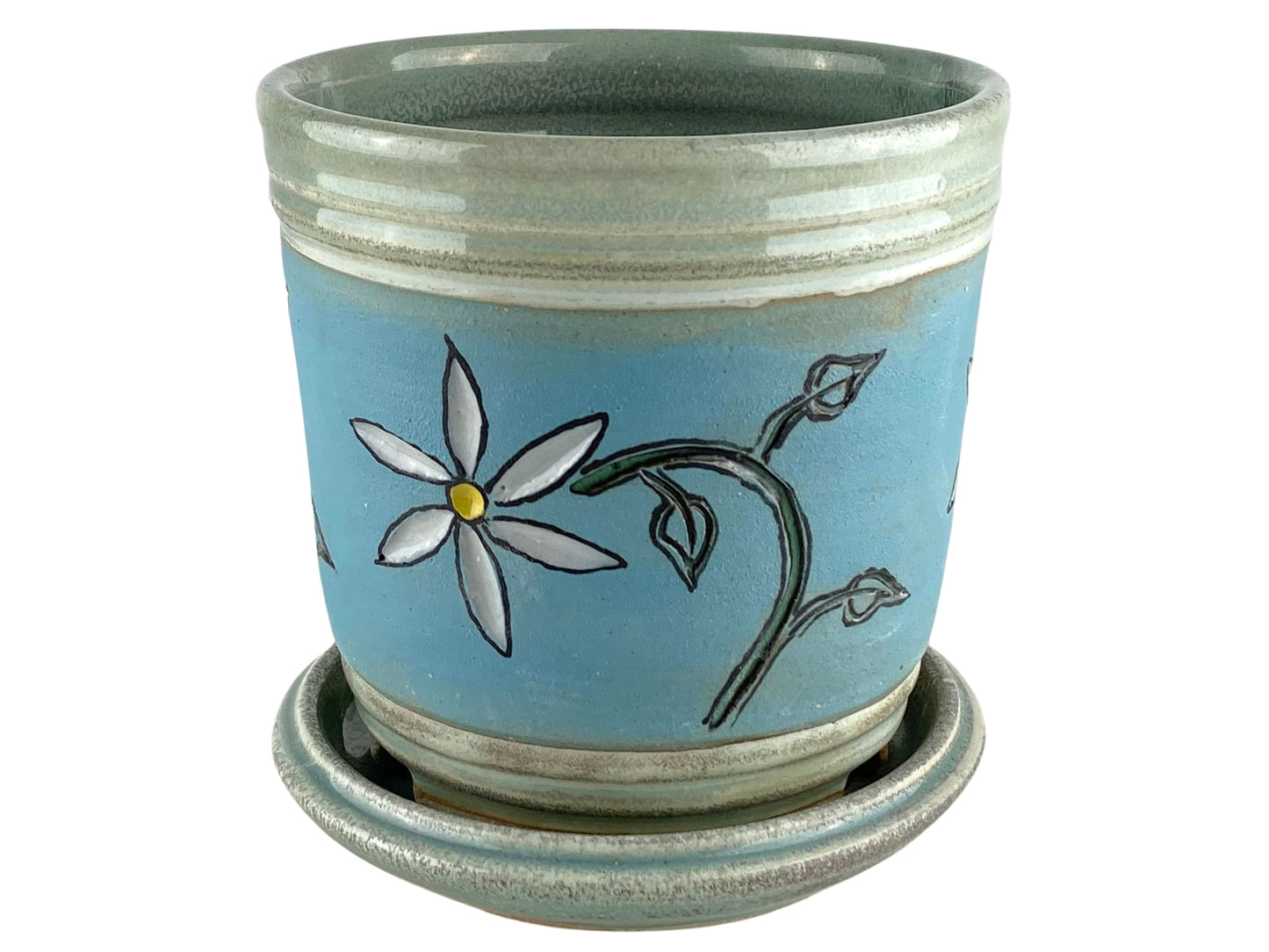 Stoneware Planter with Carved Flower Design