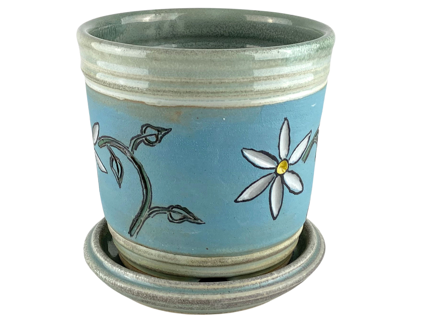 Stoneware Planter with Carved Flower Design