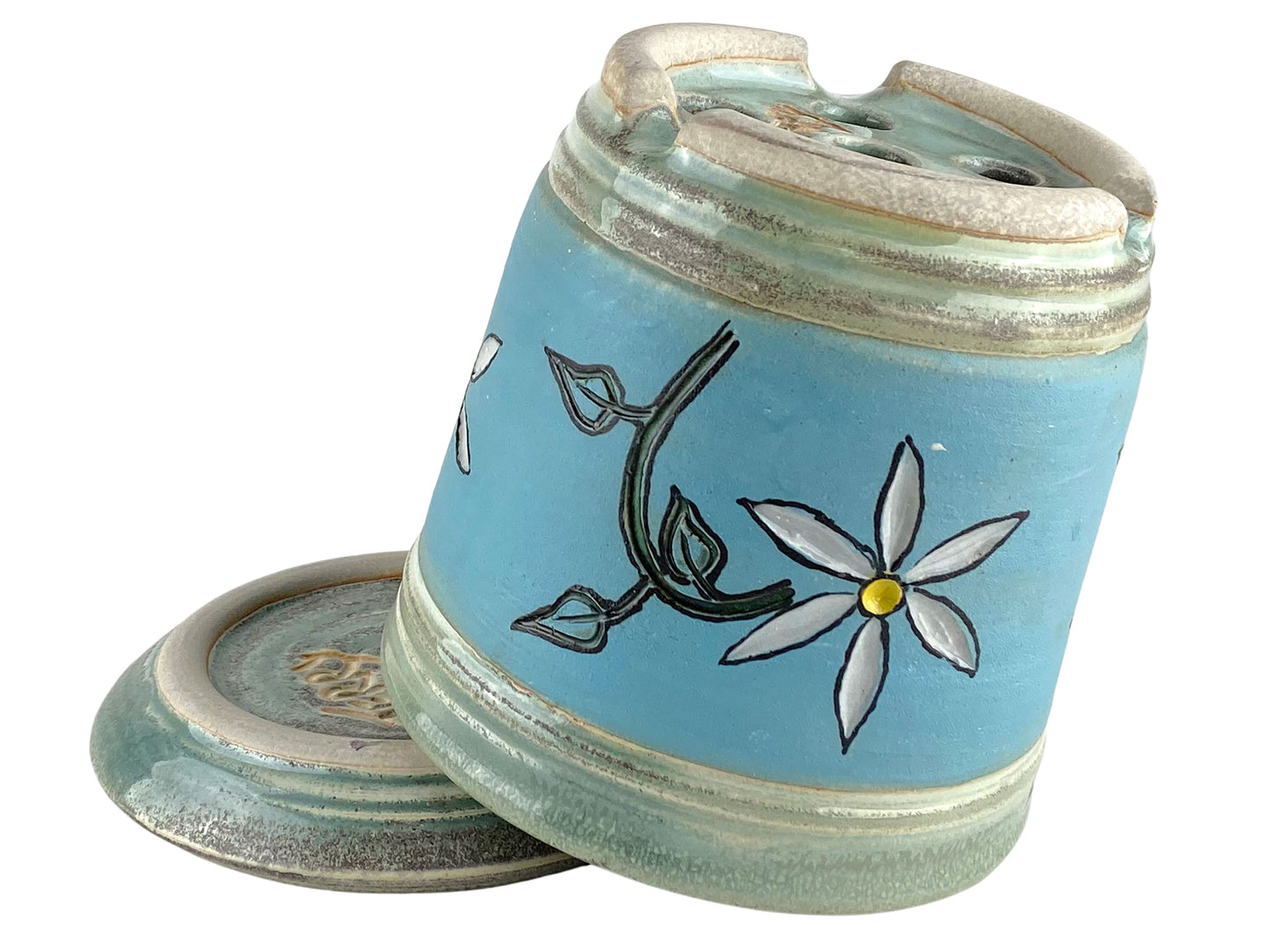 Stoneware Planter with Carved Flower Design