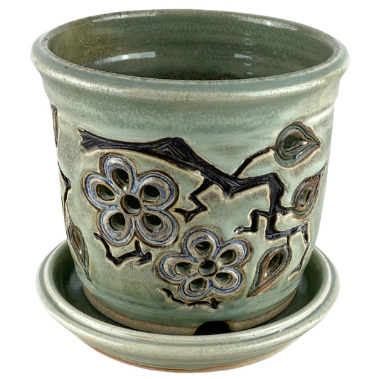 Stoneware Orchid Pot with Cherry Blossom Design
