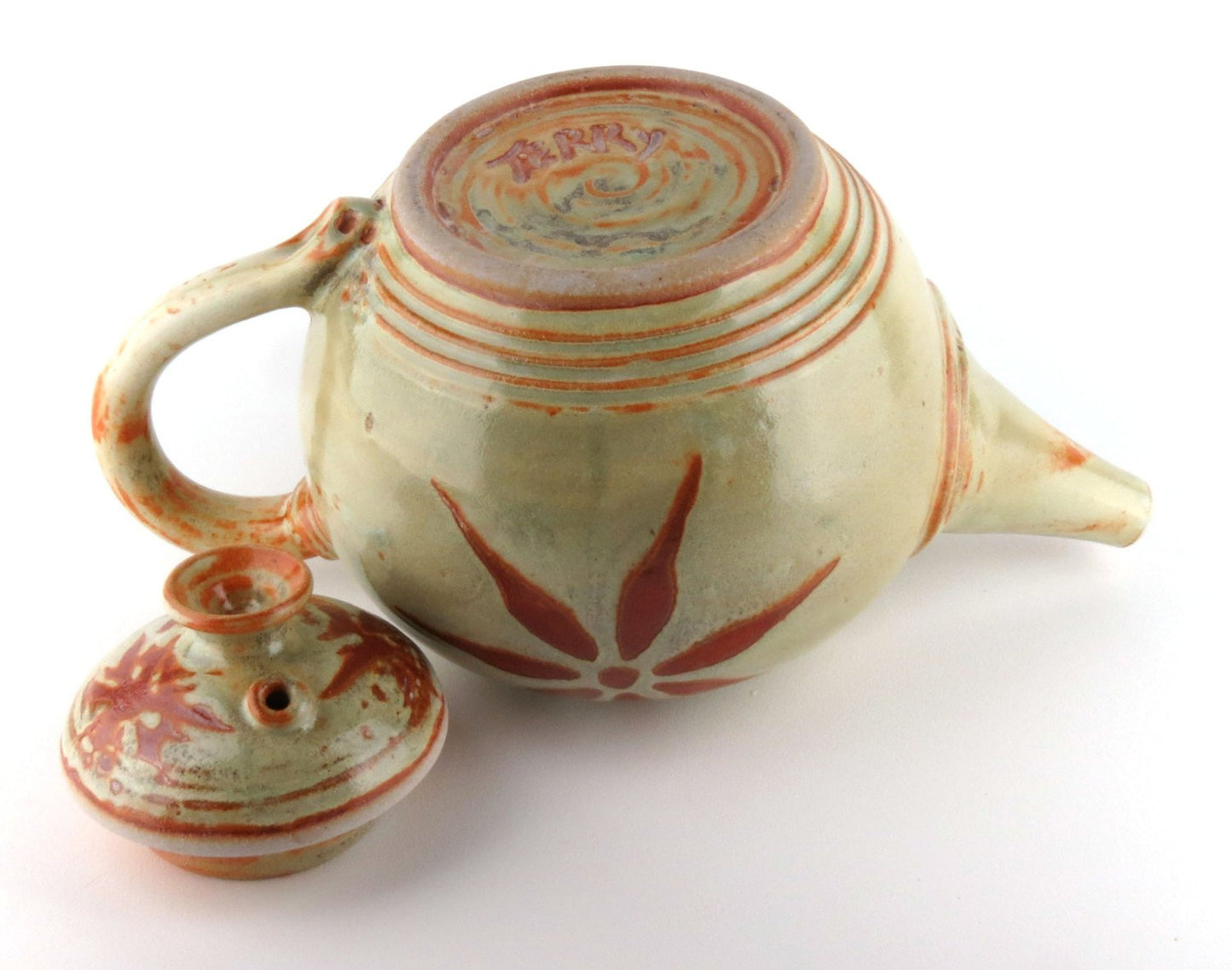 48 oz. Sage Green Teapot with Burnt Orange Sunburst
