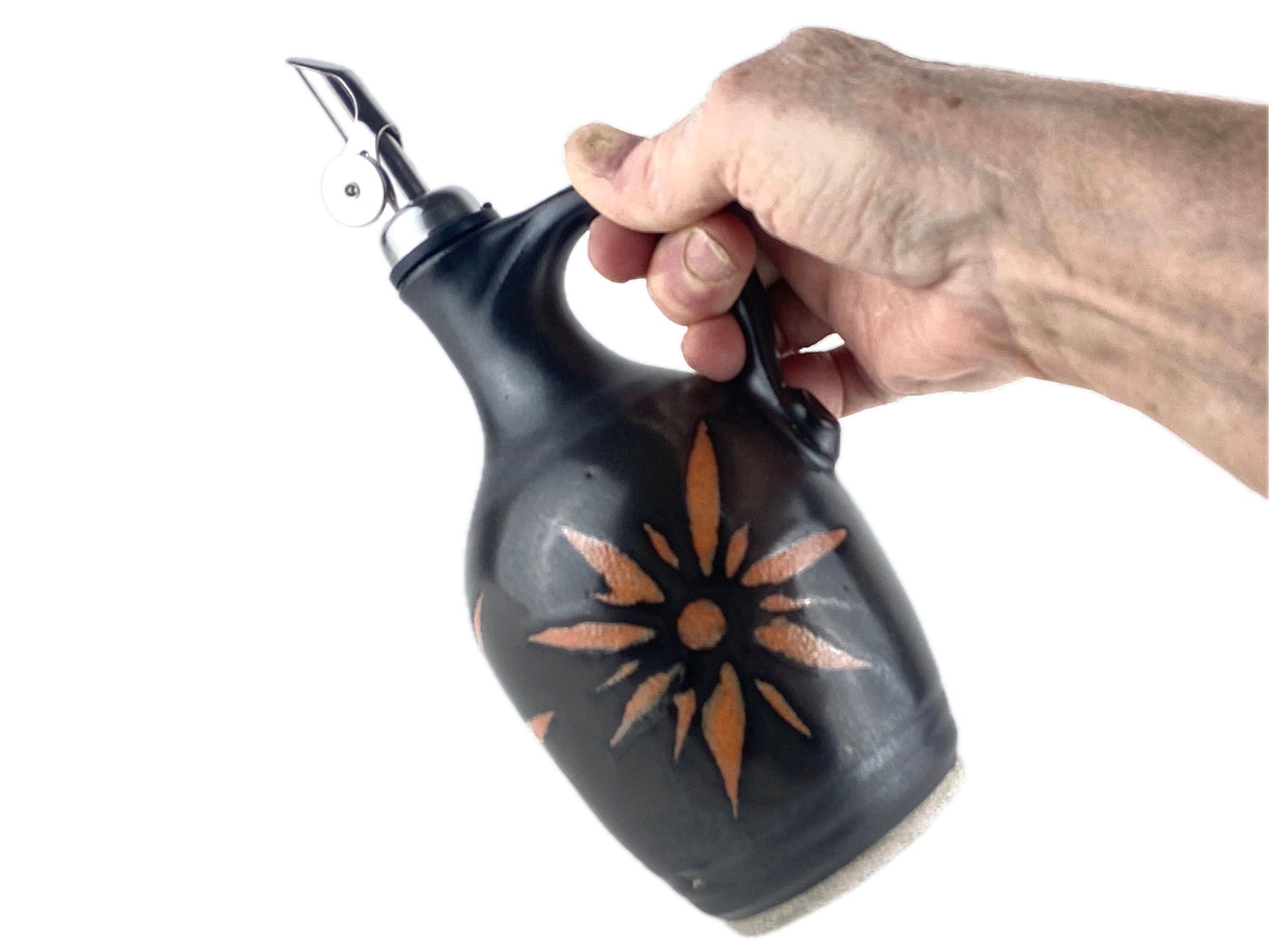 13 oz. Olive Oil Cruet, Black with Terracotta Sunburst