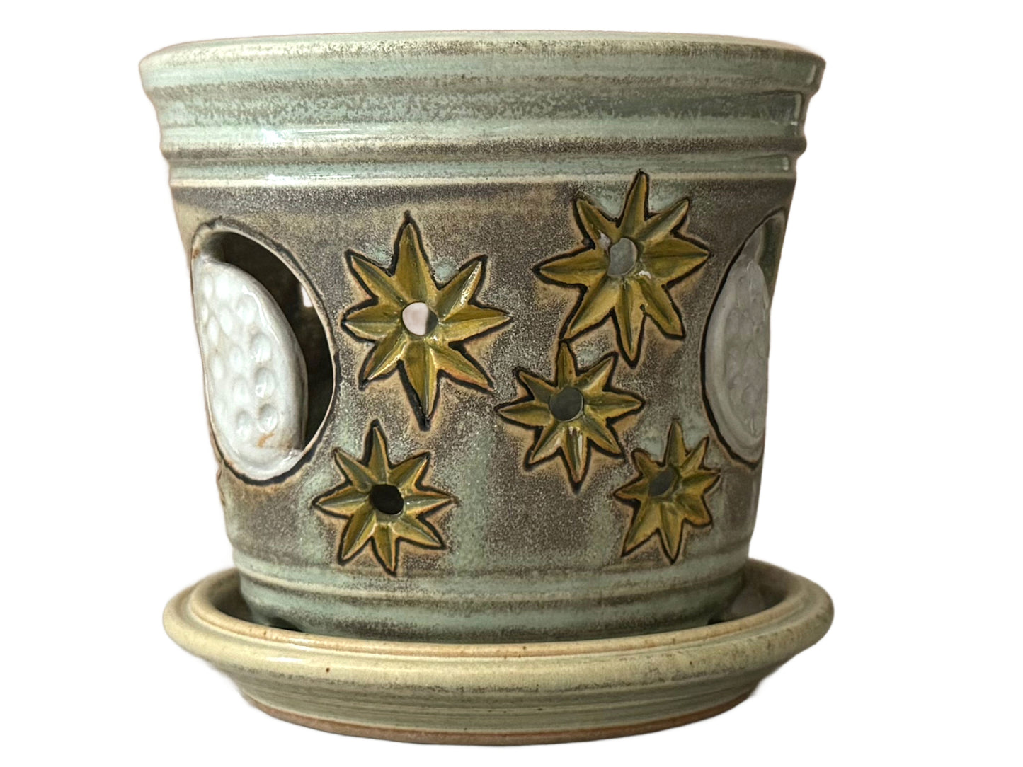 Stoneware Orchid Cachepot with Moon & Stars Design