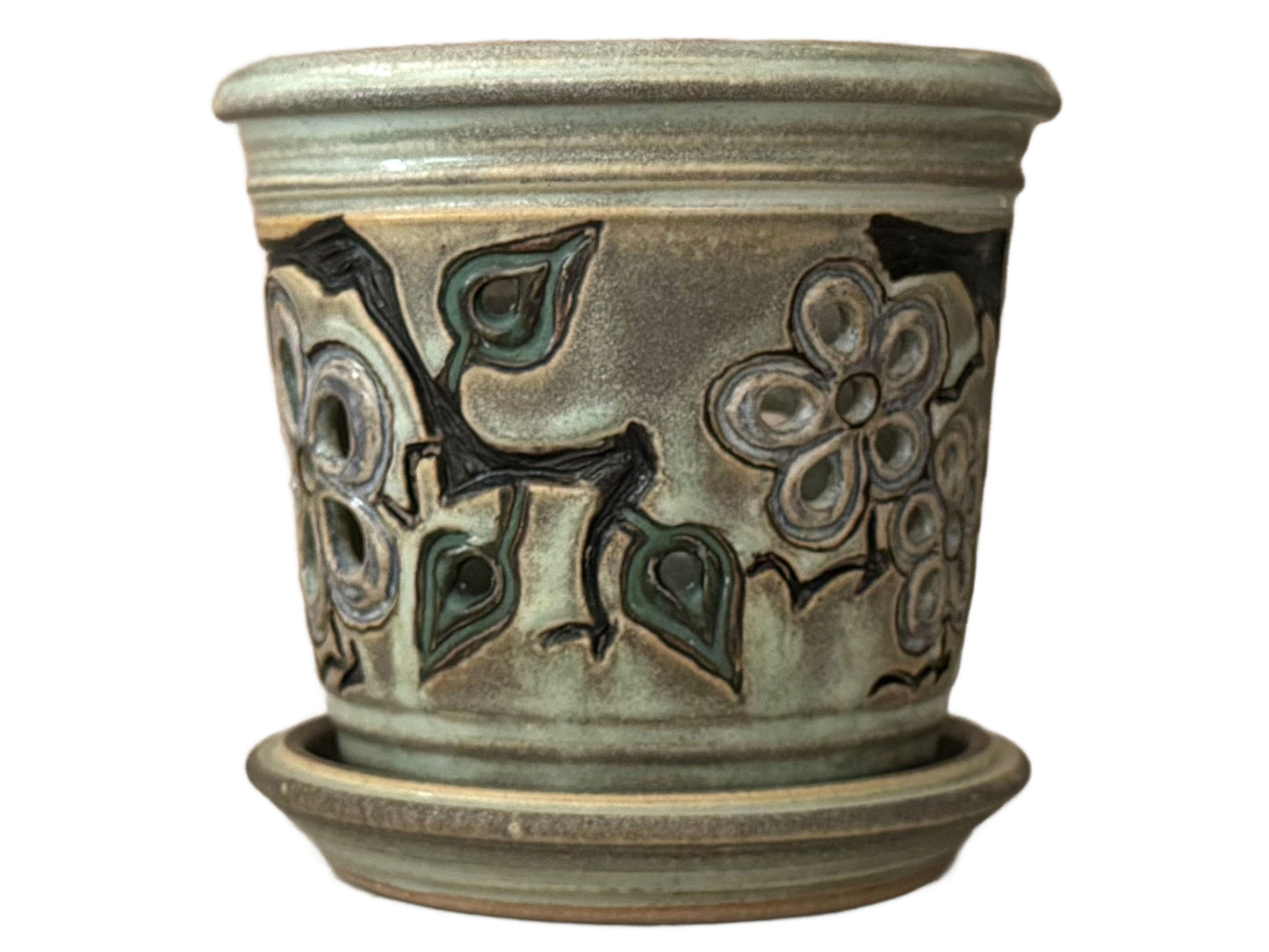 Stoneware Orchid Pot with Cherry Blossom Design