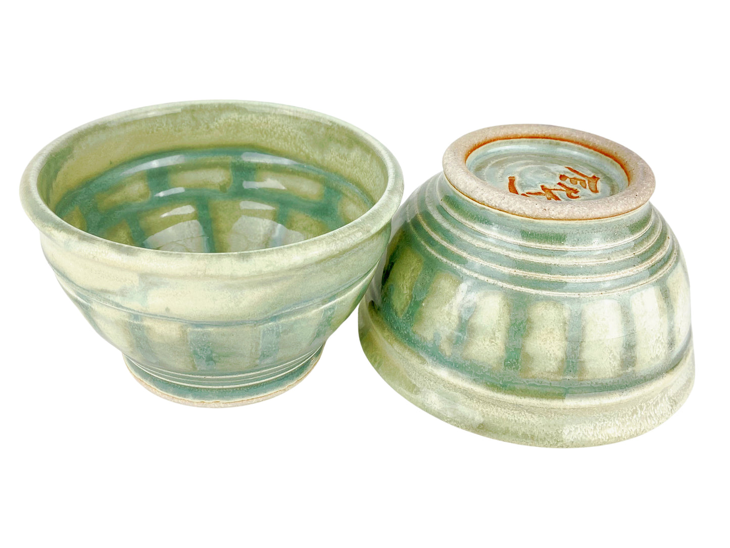 Cereal or Soup Bowls, Pale Yellow Green with Grey Green Accents