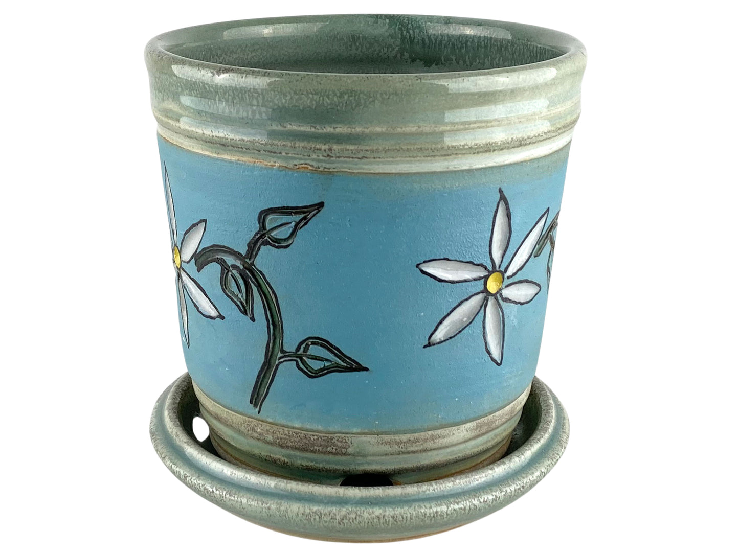 Stoneware Planter with Carved Flower Design