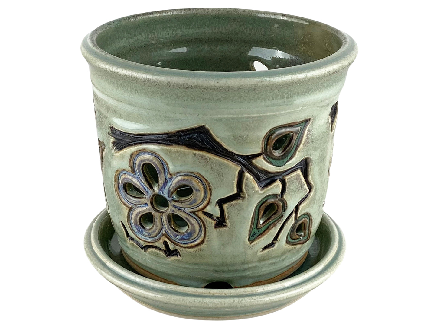 Stoneware Orchid Pot with Cherry Blossom Design