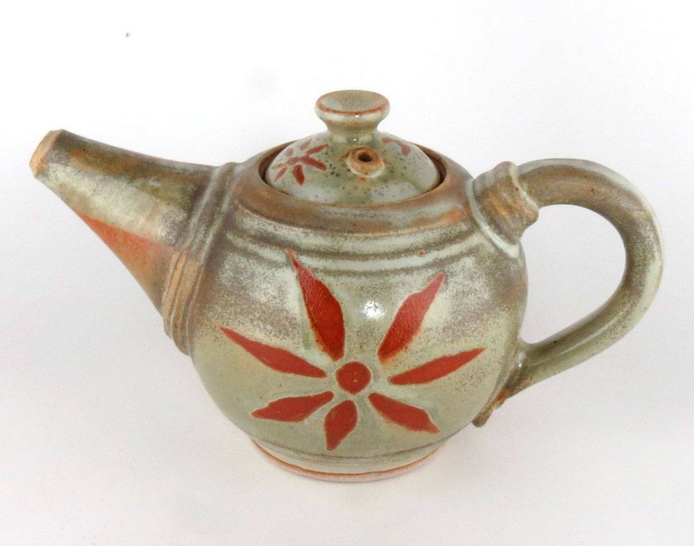 24 oz. Sage Green Teapot with Burnt Orange Sunburst