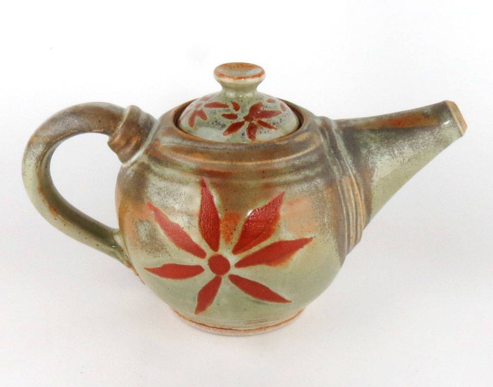 24 oz. Sage Green Teapot with Burnt Orange Sunburst