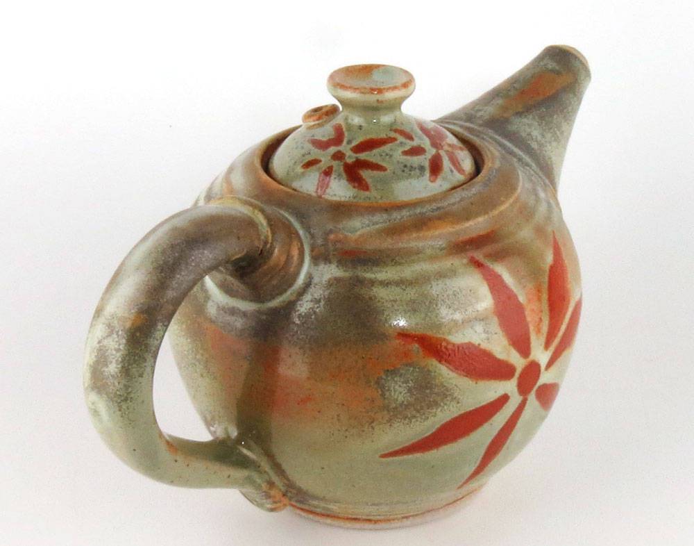 24 oz. Sage Green Teapot with Burnt Orange Sunburst