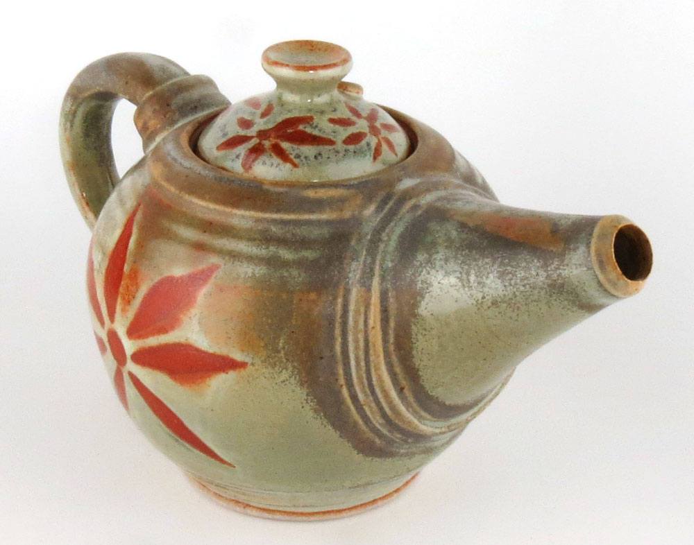 24 oz. Sage Green Teapot with Burnt Orange Sunburst