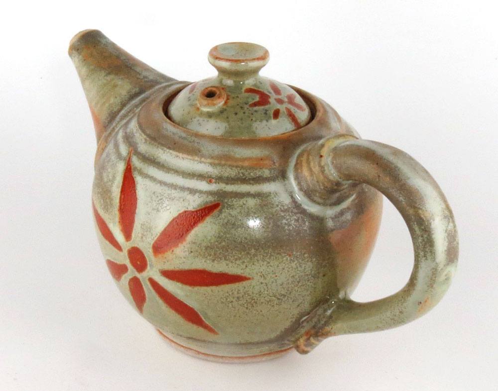 24 oz. Sage Green Teapot with Burnt Orange Sunburst